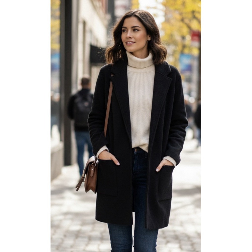 J. Crew 100% Merino Wool Sweater Womens L Black Shawl Collar‎ Open Cardigan